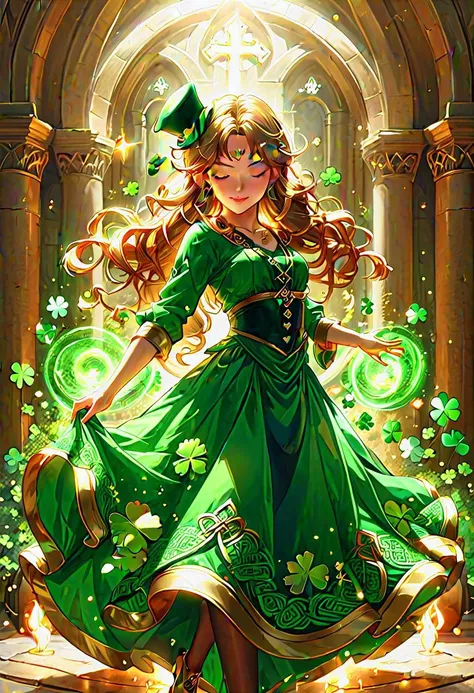 An unearthly fantasy concept art of a beautiful forest woman, a beautiful dancing Celtic leprechaun woman dancing under the starry sky. Her dress flutters in long curls - a masterpiece, the best quality, 1 Celtic leprechaun woman, "Elements of St. Patricks...