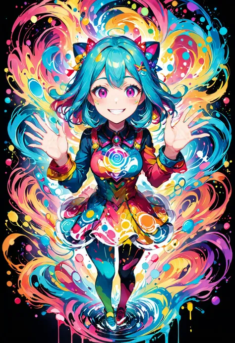 anime, masterpiece, best quality, 1girl inside multicolored ink whirlpool, virtual youtuber, whirlpool, inkslash style, splatters of ink, colorful, stains, stunningly beautiful, hololive style, Perfect Hands, jolly and whimsical, wide grin, full body, intr...