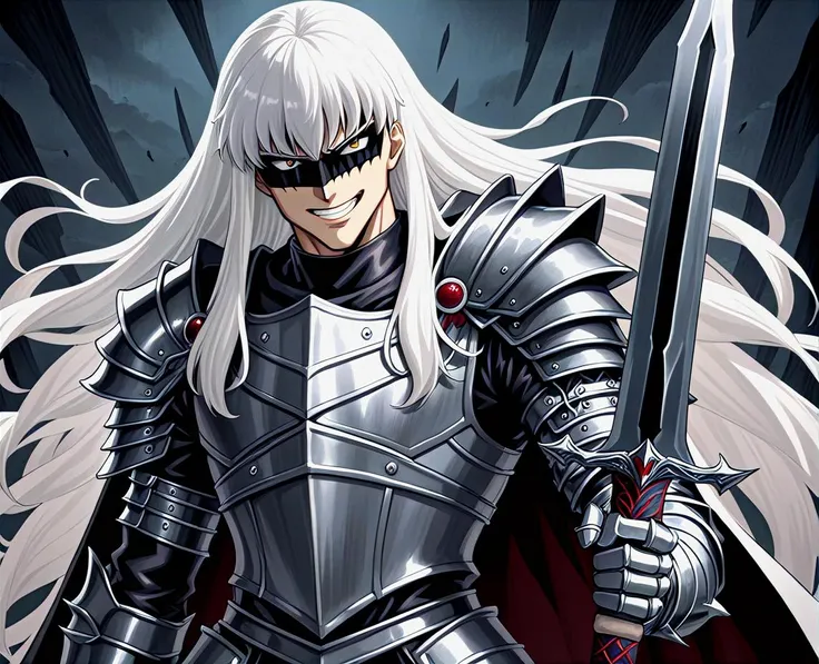 griffith from berserk wearing spiked armor and holding a serrated greatsword,long hair,evil grin,shaded face,,scene from berserk anime, sfw,beautiful, masterpiece, best quality,absurderes