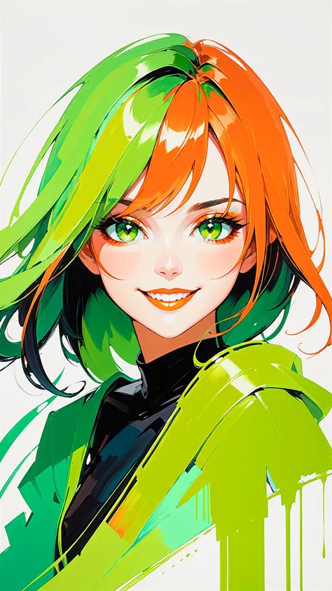 face  portrait of LulaCipher,   smile, makeups,  impression , abstract, ((oil painting by John Berkey)) brush strokes, negative space, green and orange  tone