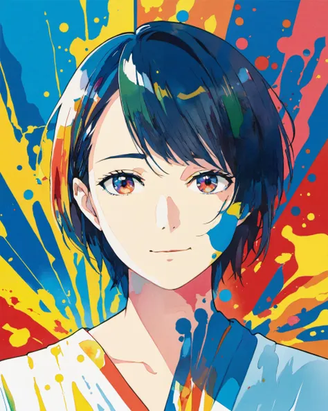 (masterpiece, best quality, absurdres:1.2), a woman with straight short hair with bangs, upper body, slight smile, colorful watercolor background made of paint splashes, by Hideaki Anno