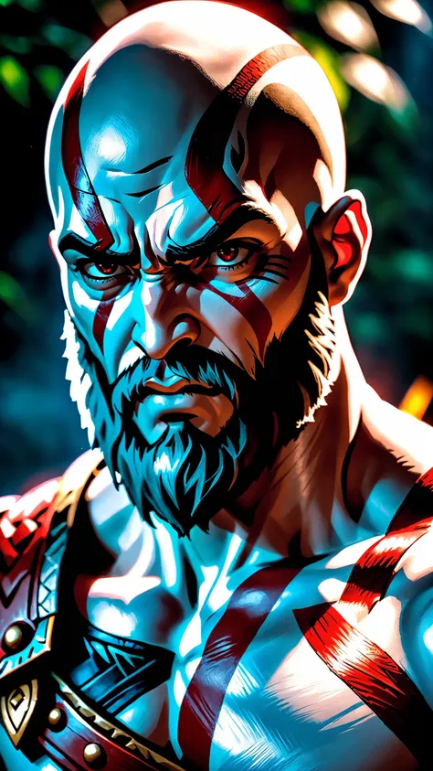 cinematic close up photo of Kratos god of war, 1man, looking at viewer, very angry, rim light, realistic, real photo, real nature skin, realistic photo, anime style