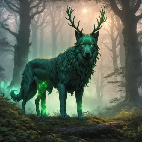 sharp, focused, intricately detailed, 8k, uhd, hdr, RTX, detailed forest, detailed shrubbery,
(fog-shrouded:1.3), ( dense forest at sundown:1.3),
(Cù Sìth, a fairy (big:1.4) hound of Scottish mythology:1.2), (stands prominently:1.3), (emerald-green fur, gl...