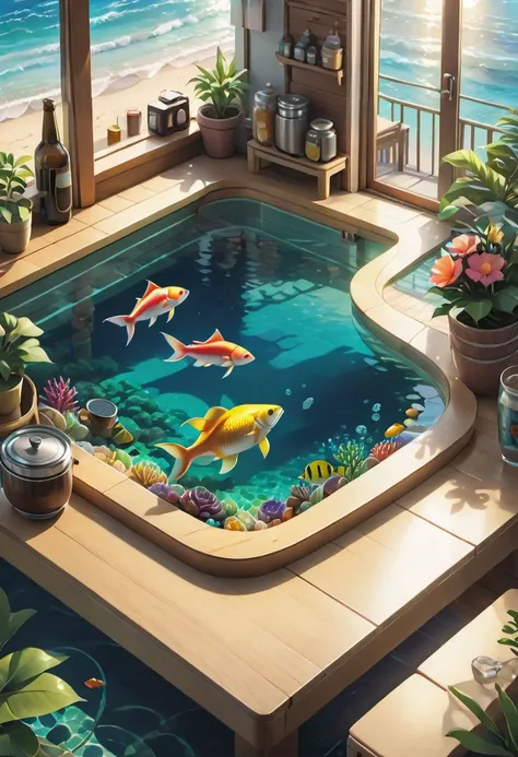 there is a pool with fish in it and a table with chairs