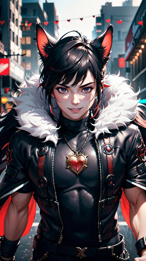 anime character with black hair and red ears in a city