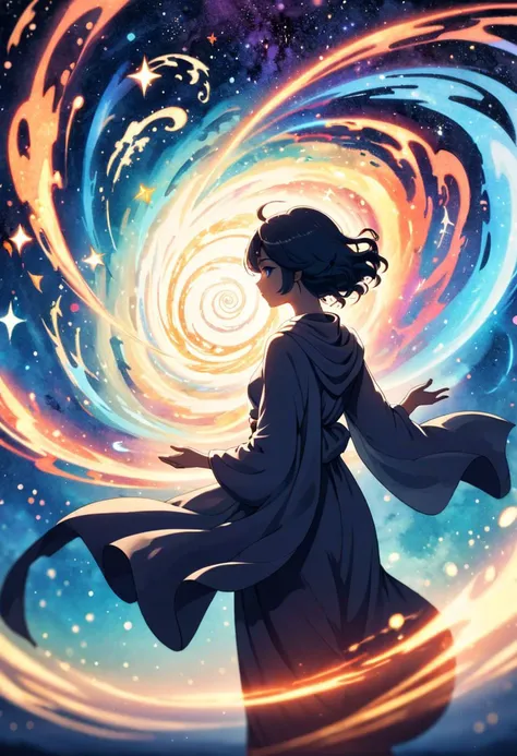 a woman in a long dress is standing in front of a spiral vortex