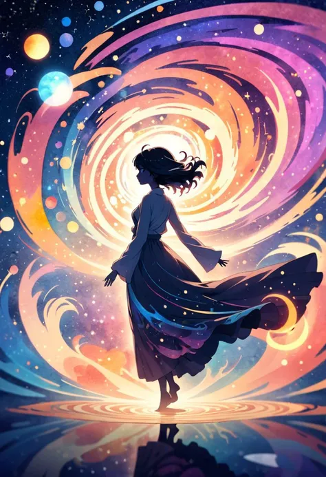 a woman in a long dress is standing in front of a spiral vortex