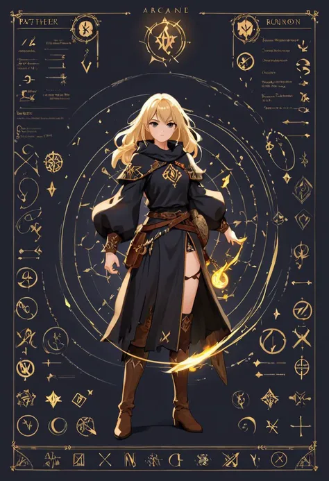 Digital painting, Anime style, turnaround character sheet, a female pathfinder in dark fantasy world, action pose, Full body, arcane symbols, runes, dark theme, Perfect composition golden ratio, masterpiece, best quality, sharp focus, colorful. Better hand...