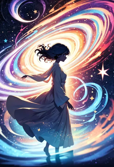 a woman in a long dress standing in front of a spiral galaxy