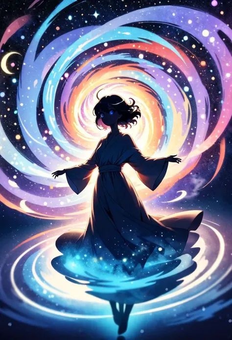 a woman in a long dress standing in a water vortex