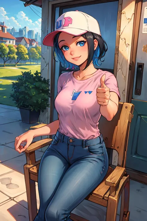 masterpiece, best quality, nika nanaura, pink shirt, baseball cap, jeans, sitting, looking at viewer, chair, porch, smile, thumbs up <lora:nikananaura-nvwls-v2-000012:0.9>