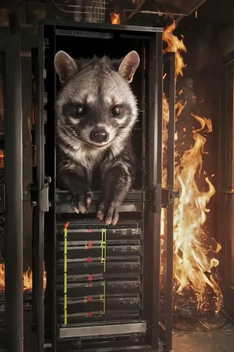 a close up of a raccoon in a cage with fire in the background