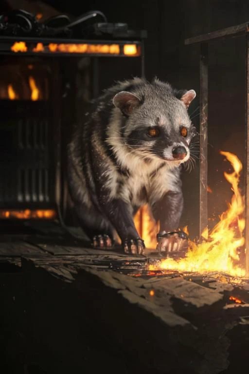 a close up of a raccoon standing on a fire in a building