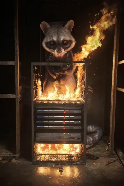 a raccoon is standing on a fire grill with flames coming out of it