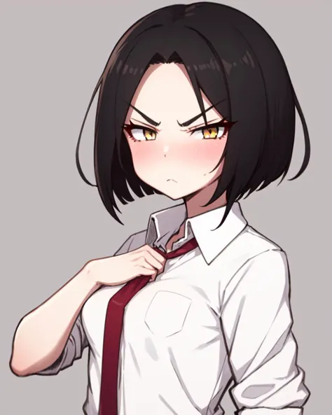 anime girl with black hair and a white shirt and red tie