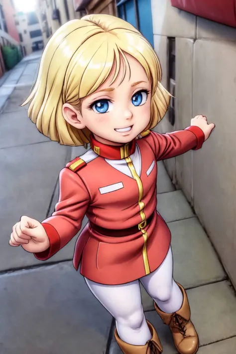 a cartoon picture of a woman in a red uniform pointing at something