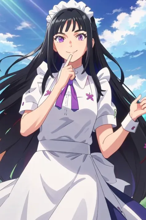 best quality, masterpiece, highres, solo, {maid:1.40}, {long maid dress:1.15}, {amawashi_aoi_birdiewinggolfgirlsstory:1.15}, long_hair, black_hair, purple_eyes, smile, visor_cap, day, blue_hair