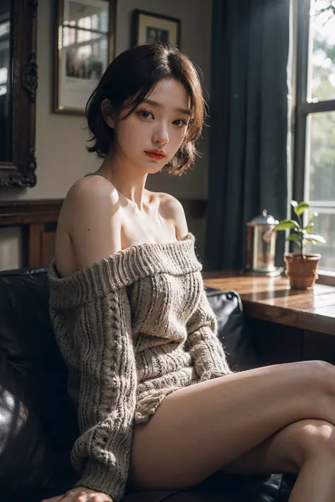 8K raw photo, Best quality, masterpiece, ultra high res, 1girl,sitting, sexy, medium breast, off shoulder,  hot pants, short dress, short hair,sunlight,indoor, study room, sofa, (depth of field:1.4,photorealistic:1.4),(detailed face, detailed skin, detaile...