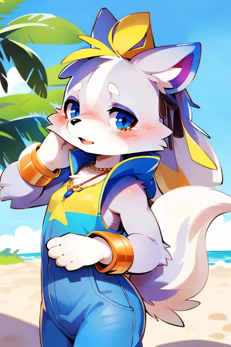 a cartoon cat with a blue and yellow outfit on standing on a beach