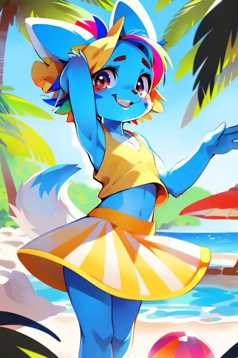 a close up of a cartoon character in a dress on a beach