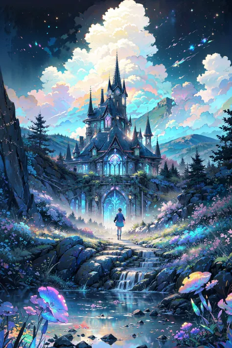 a girl is walking through a forest with a castle in the background