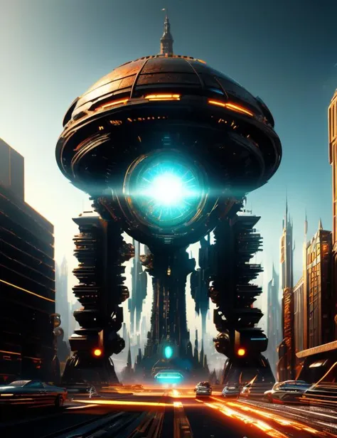 a large futuristic city with a large spaceship flying over it