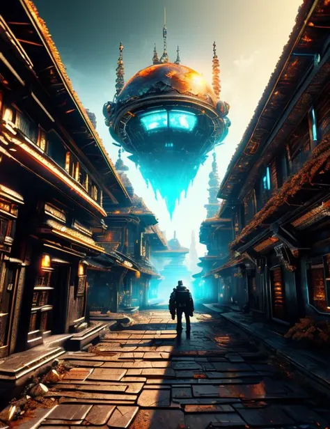 a man walking down a street in a futuristic city