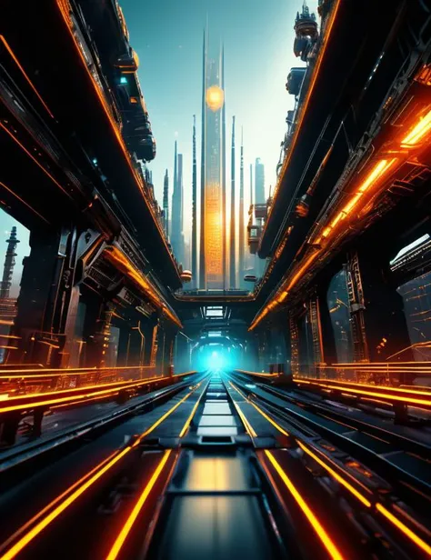 a futuristic city with a train going through it