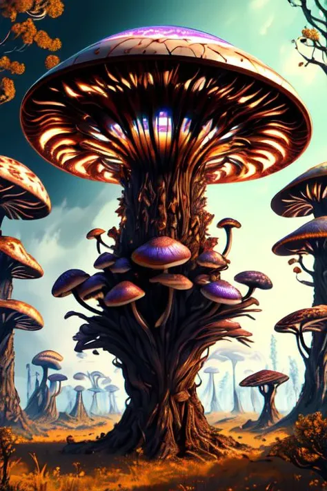 ((best quality)), ((masterpiece)), ((realistic,digital art)), (hyper detailed), CyberNecroTechSD1.5 Mauve Compact Conical Furrowed mushroom, Slimy, Mycorrhizal Network, Steppe, Terrestrial-woodland, Conical Pileus, Topaz Bulbous Base, Harm-inflicting, , oc...