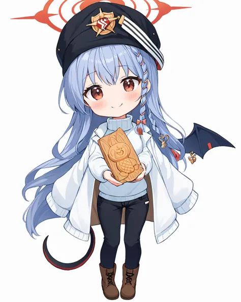 haruna (blue archive),1girl, taiyaki, halo, solo, wings, tail, white_background, full_body, torn_pants, simple_background, smile, boots, holding, white_jacket, paper_bag, black_pants, black_headwear, brown_footwear, turtleneck, beanie, jeans, side_braid, s...