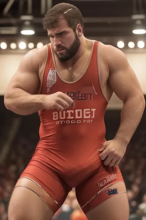 Highly Highly detailed photo, (redshift style), masterpiece, indepth, nsfw, A burly stocky muscular russian strongman wrestler wearing a wrestling singlet <lora:wrestlingsinglet_v10:1>, hairy chest, large bulge, erotic pose, homo erotic, on top wrestling s...