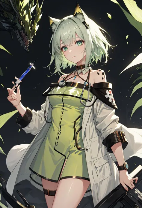 best quality, masterpiece, highres, solo, (kal_tsit_arknights:1.10), 1girl, green dress, looking at viewer, oripathy lesion (arknights), bare shoulders, long sleeves, off-shoulder dress, closed mouth, white coat, cowboy shot, holding syringe, stethoscope, ...