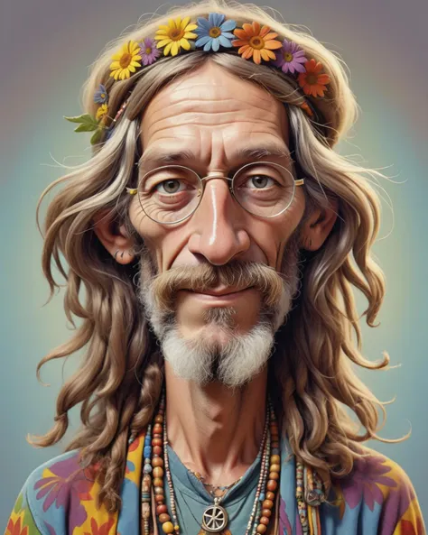 a painting of a man with long hair and glasses wearing a flower crown