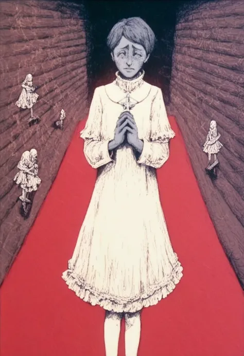 a painting of a woman in a white dress standing in a tunnel