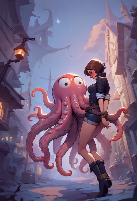 score_9, score_8_up, score_7_up, 1girl, medium breasts, short hair, beautiful eyes, belt, (witch girl:1.1), (rolled up, brown_shorts:1.3), boots, jacket, embarrassed, on a lap, kneel, night town background, side street, (Cthulhu, giant octopus, tentacle mo...