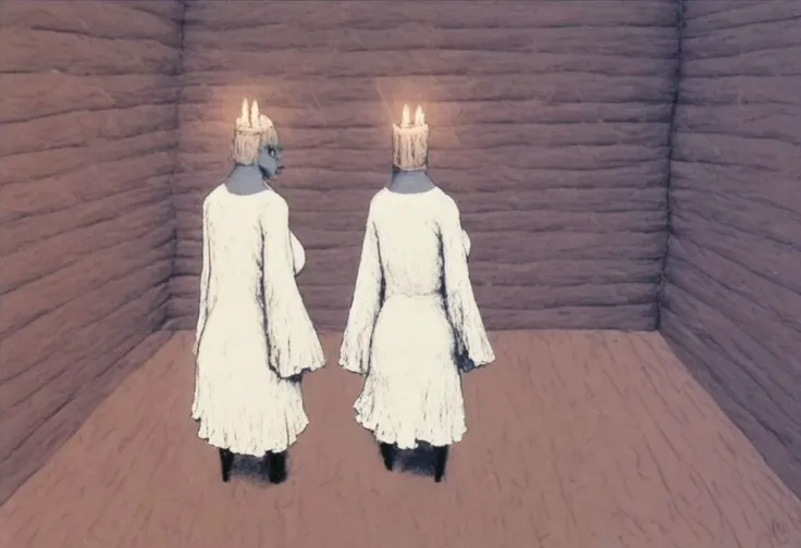 there are two people in white dresses standing in a room