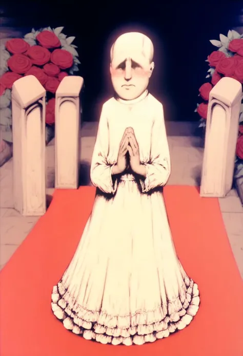 there is a statue of a woman in a white dress on a red carpet