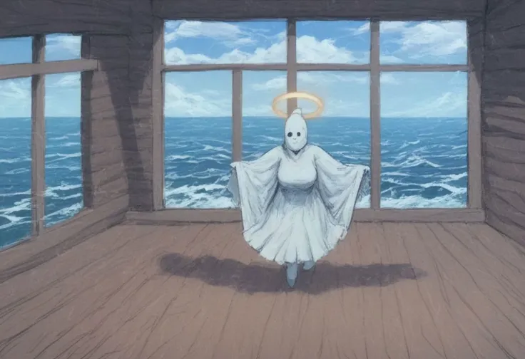 anime scene of a ghost standing in a room with a window