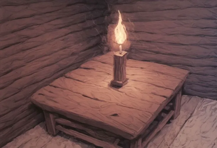 there is a small table with a candle on it in a room