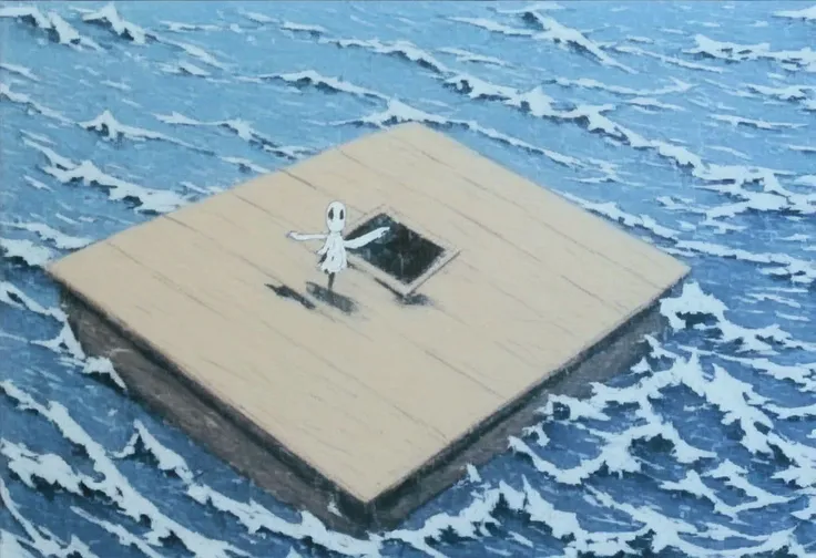 painting of a man on a floating platform in the middle of the ocean