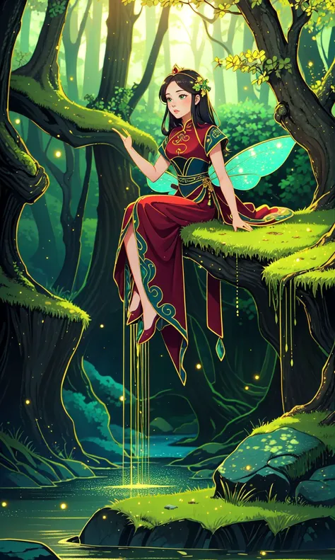 a woman sitting on a tree branch in the forest