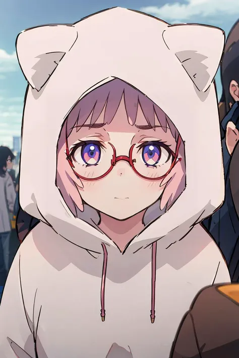 (masterpiece, best quality), 1girl, beautiful face,  <lora:CatHoodie:1> cat hoodie,  glasses,