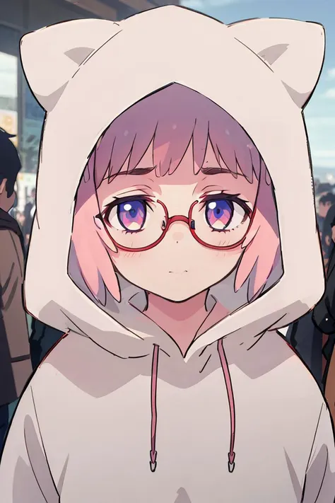 anime girl with glasses and a hoodie standing in front of a crowd