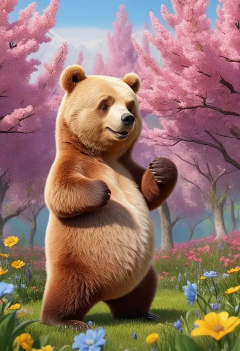 cute cartoon character, bear enjoying springtime flowers, (((masterpiece))),(best quality),