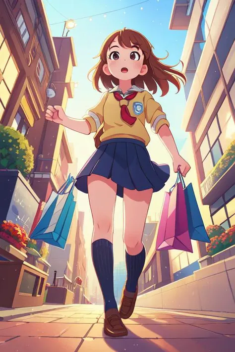 (best quality, high quality:1.3), cg, dramatic lighting, highly detailed, bokeh, 1girl, school uniform, shopping bags, running, city sidewalk, action adventure, close up, from below