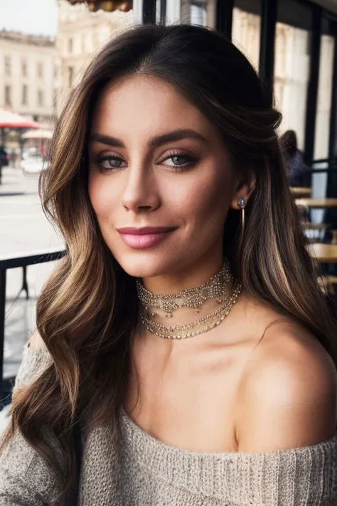 jnh piercing eyes, looking straight, very happy,long hair, wearing an off-shoulder sweater, choker, closeup portrait, in a outdoor cafe in 2015, afternoon light, 
<lyco:JenniferH-RealVision-V1.0:1.0>