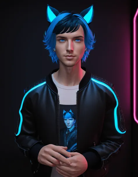 1boy, Kristoff Ohanlon, slsxl style, solo, solo focus, looking at viewer, short hair, bangs, blue eyes, black hair, animal ears, jewelry, blue hair, jacket, open clothes, open jacket, black jacket, holding a photo , cinematic lighting, neon rim lighting, s...