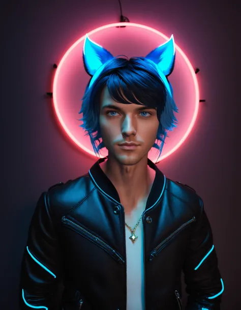 1boy, Kristoff Ohanlon, slsxl style, solo, solo focus, looking at viewer, short hair, bangs, blue eyes, black hair, animal ears, jewelry, blue hair, jacket, open clothes, open jacket, black jacket, holding a photo , cinematic lighting, neon rim lighting, s...