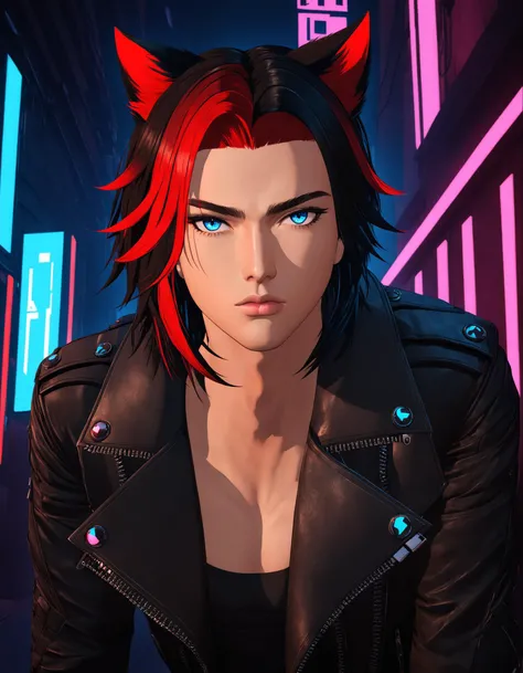 1boy, Criss Xvoor, slsxl style, solo, looking at viewer, blue eyes, animal ears, cat ears, multicolored hair, black hair, red hair, parted lips, jacket, pouting, lips, gradient hair, leather, leather jacket, cyberpunk, cinematic lighting, cinematic angle, ...