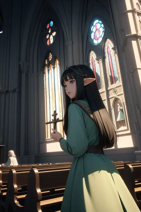 1girl, awardwinning 3d blender render, best quality, landscape of a Satin Holy ([Harar Jugol:Middle Earth:2]:1.3) from inside of a Church, dense field and Moon in background, at Dusk, Cel shading, Hopeless, Princesscore, Light and shadow plays, pinhole len...